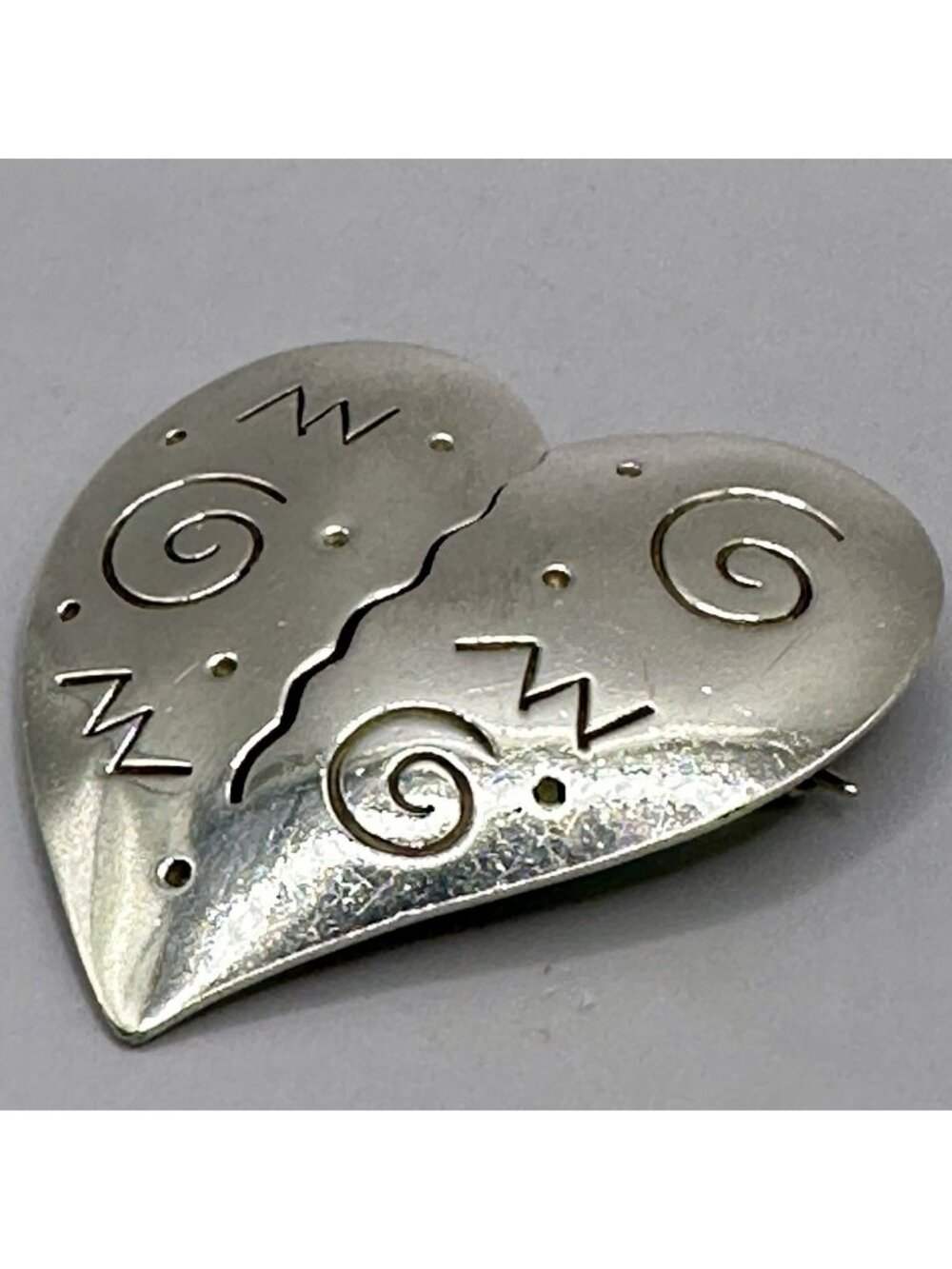 Rustic Stamped Heart Brooch Designer Signed Forbes 925 Sterling Silver Cutout